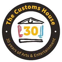 The Customs House 30th anniversary logo: circular, black border with text, center has building illustration and
