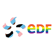 EDF logo with a flower composed of transgender pride flag colors and rainbow text.