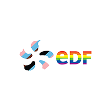 EDF logo with rainbow text, flower-like emblem in trans and pansexual colors.