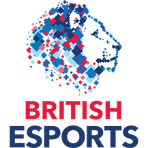 Logo for British Esports: Lion head formed from blue, red, and white squares, with text