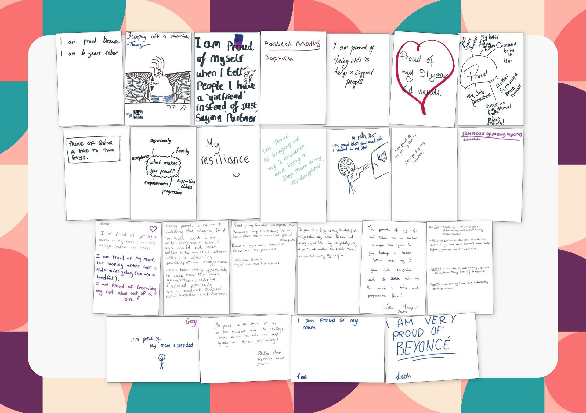 Collection of handwritten notes on a white background, some with hearts, arranged on a colorful patterned backdrop.