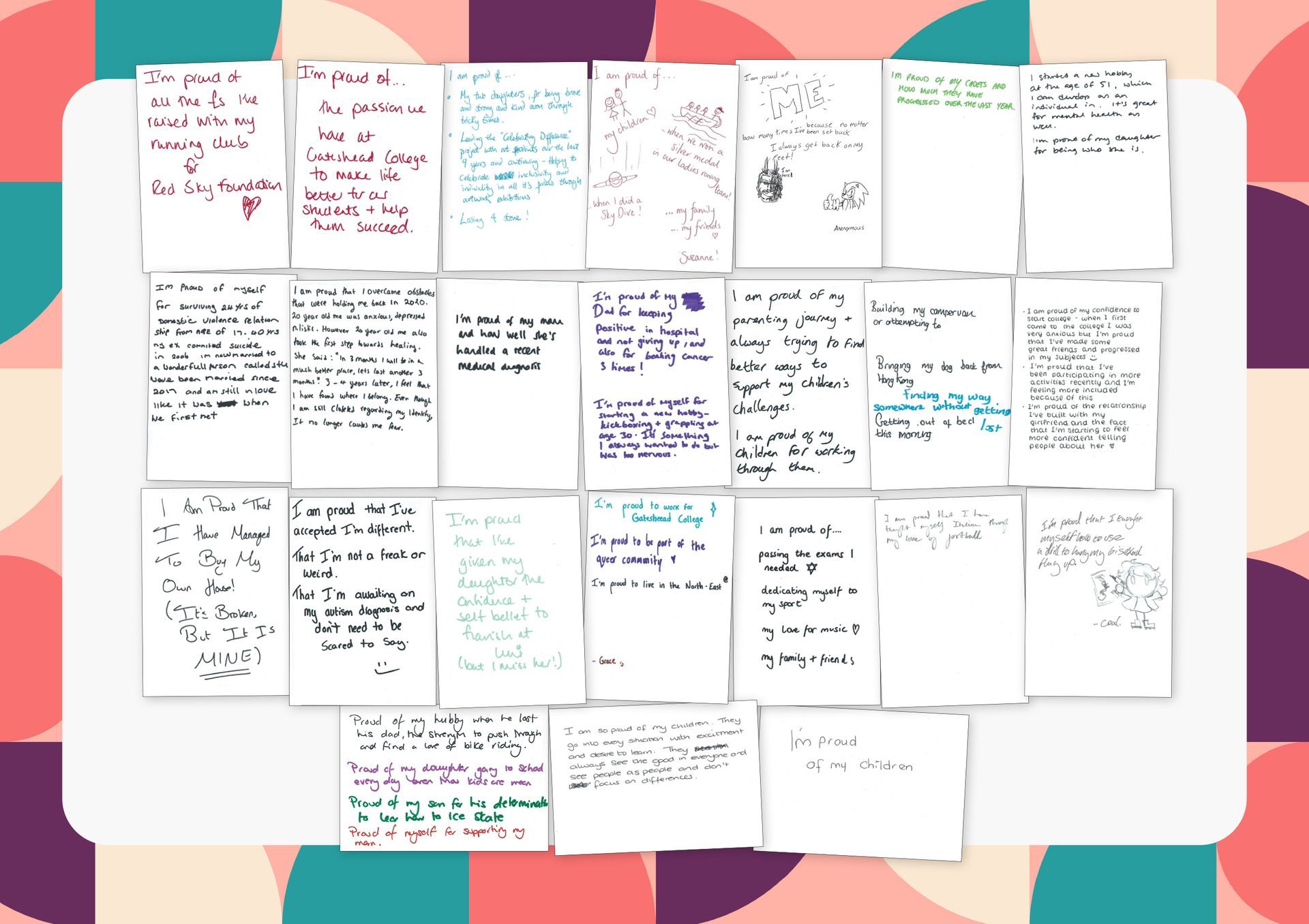Collection of handwritten notes arranged on a white surface with a colorful geometric background.