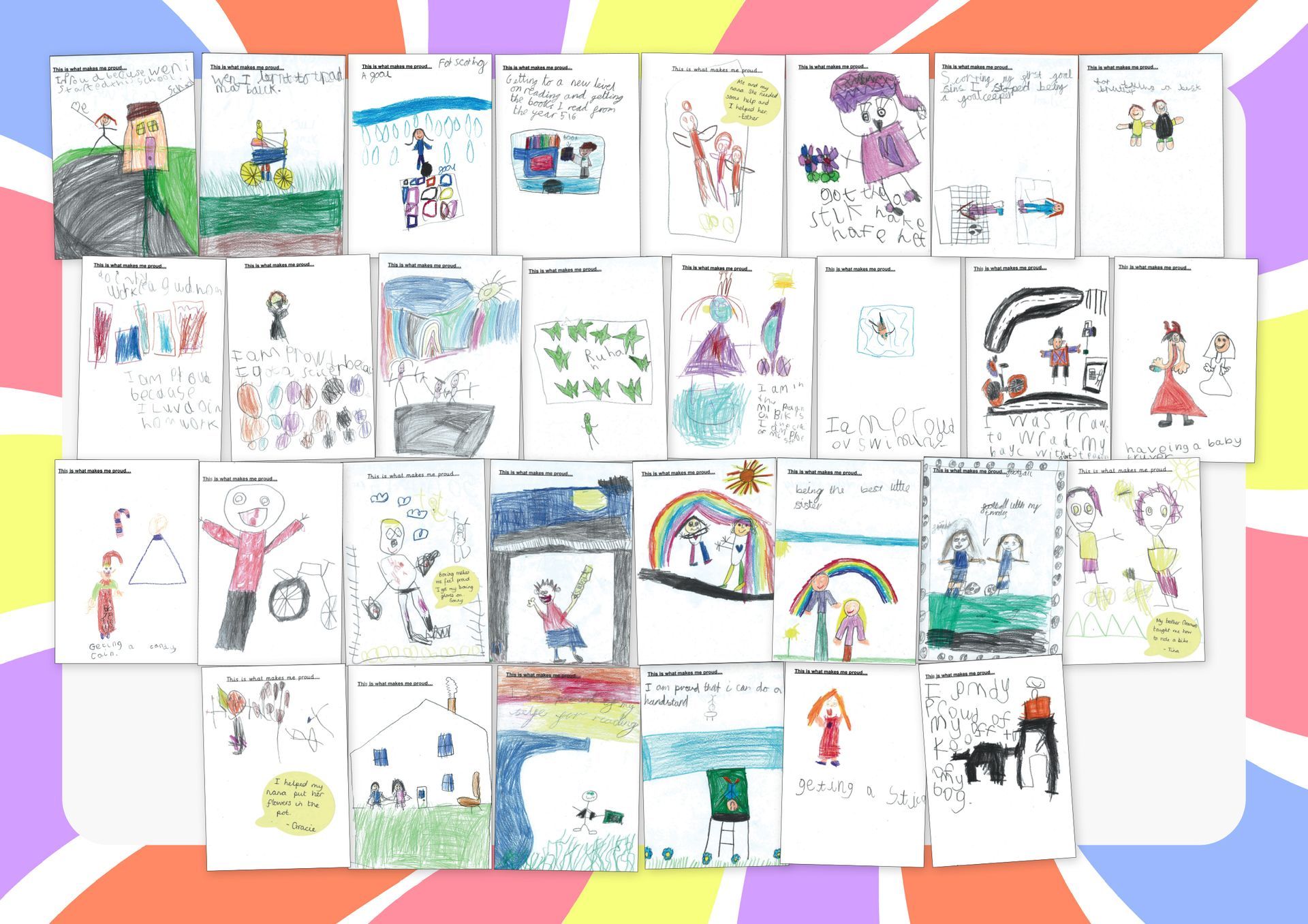 Collection of children's drawings on a colorful background. Depictions include people, scenes, and objects, in various colors.