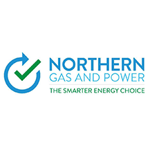 Logo for Northern Gas and Power. Blue checkmark and arrow. Text: