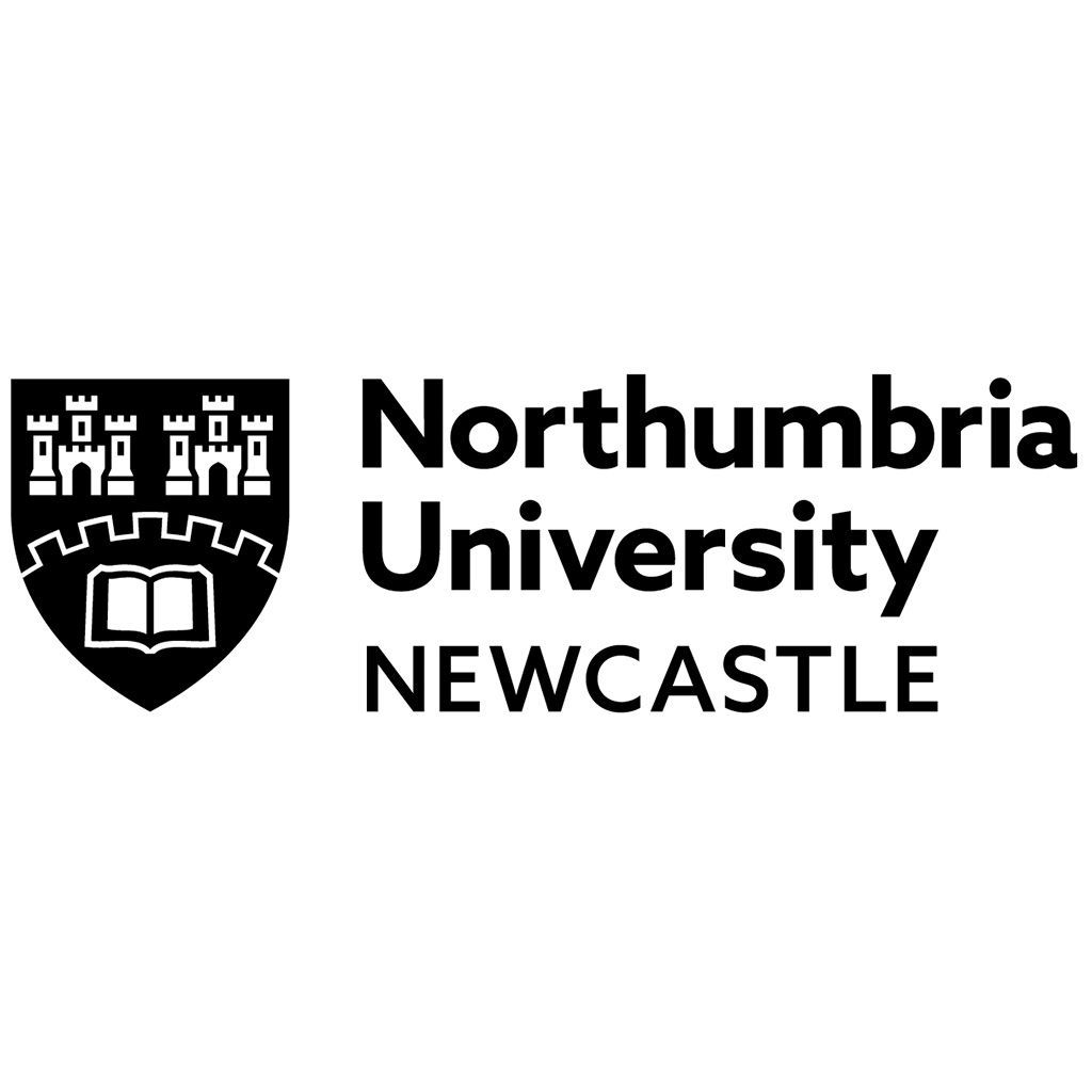 Northumbria University Newcastle logo: a black shield with a castle and open book next to the university name.