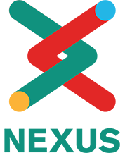 Nexus logo: Intertwined red and teal tubes with colored ends (yellow, blue). 