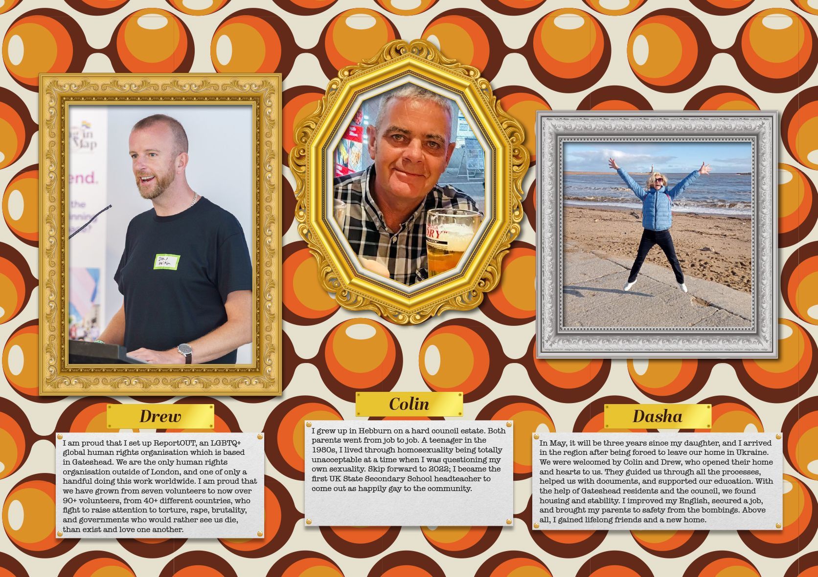 Three framed portraits against a retro pattern. People in the portraits are smiling. Each frame has a name and text below.