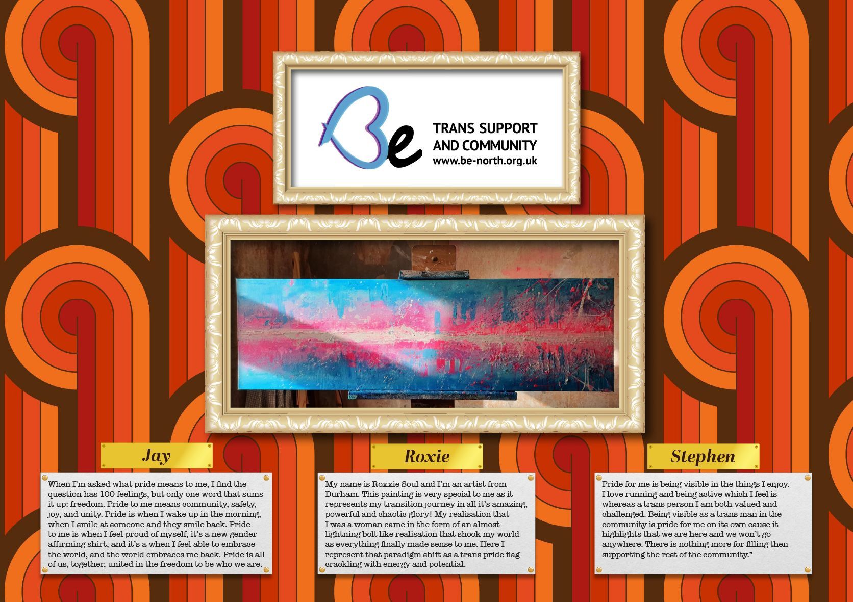 Artwork display on retro-patterned wall. Features framed art and text panels below.