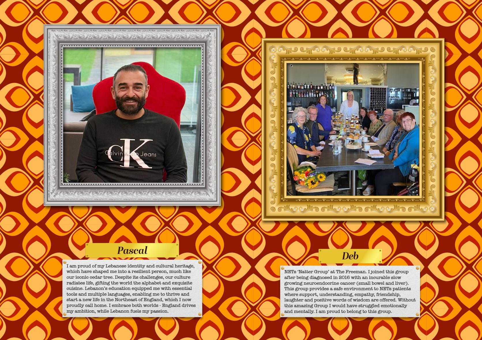 Two framed photos on a patterned background. One shows a man in a black sweater. The other, a group of people seated.