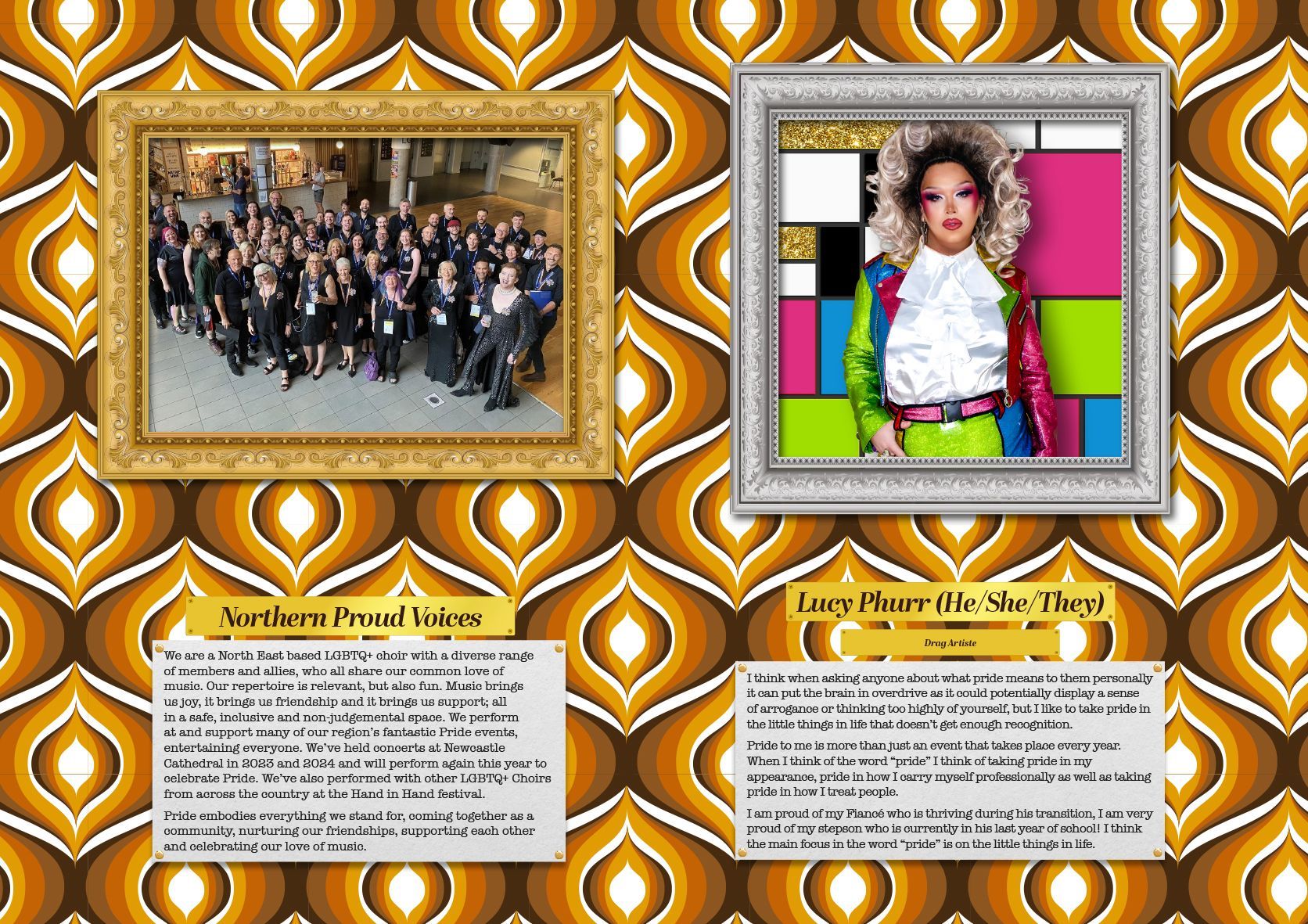 Two framed images on patterned wallpaper: a group photo and a person with colorful attire.