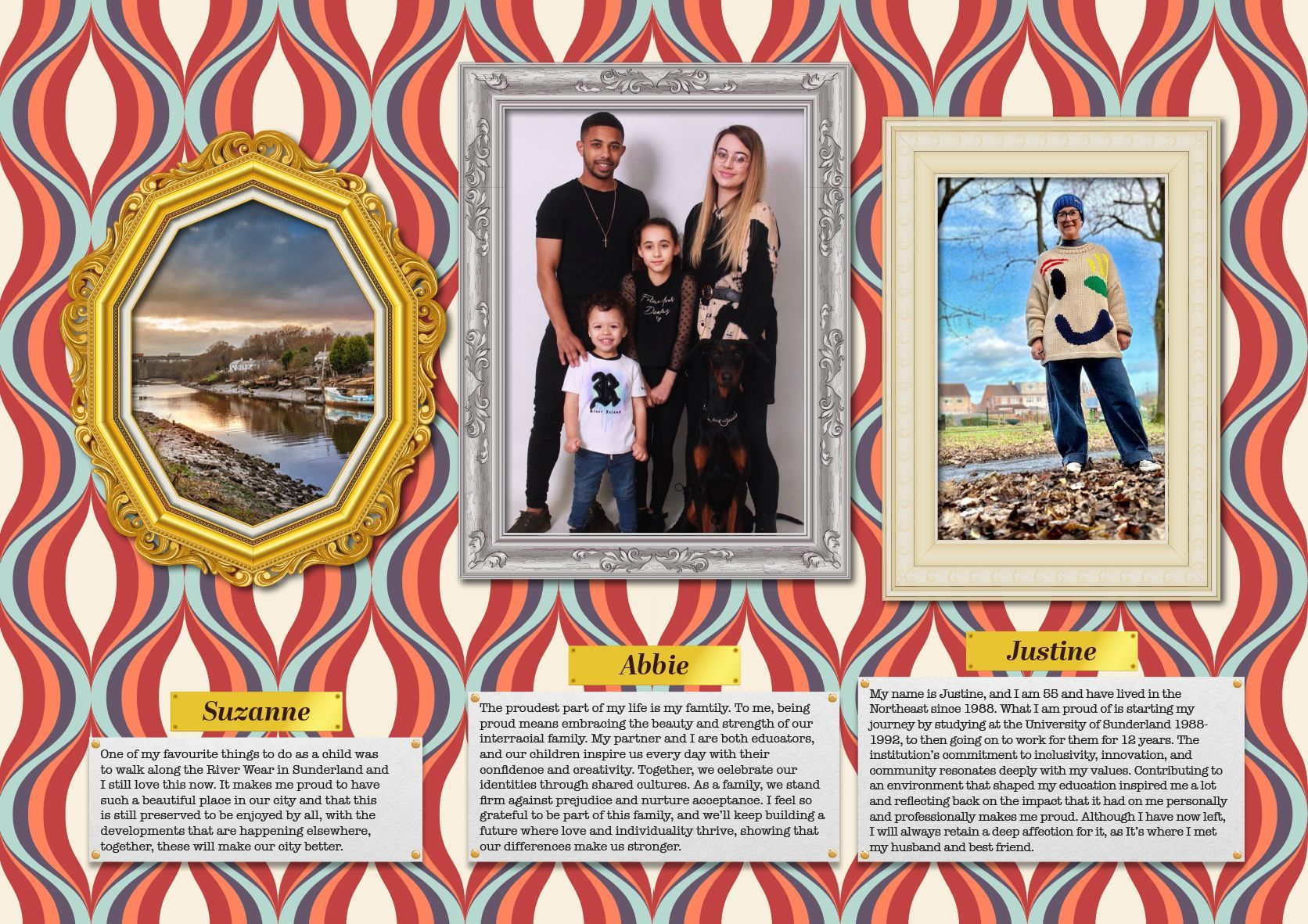Family portrait with three framed images on a patterned background.