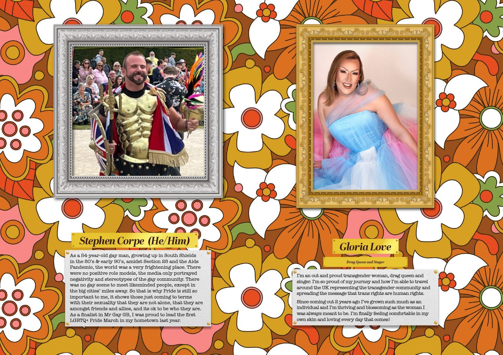 Two framed portraits with text below against a floral background. One man in costume, one woman in a blue gown.