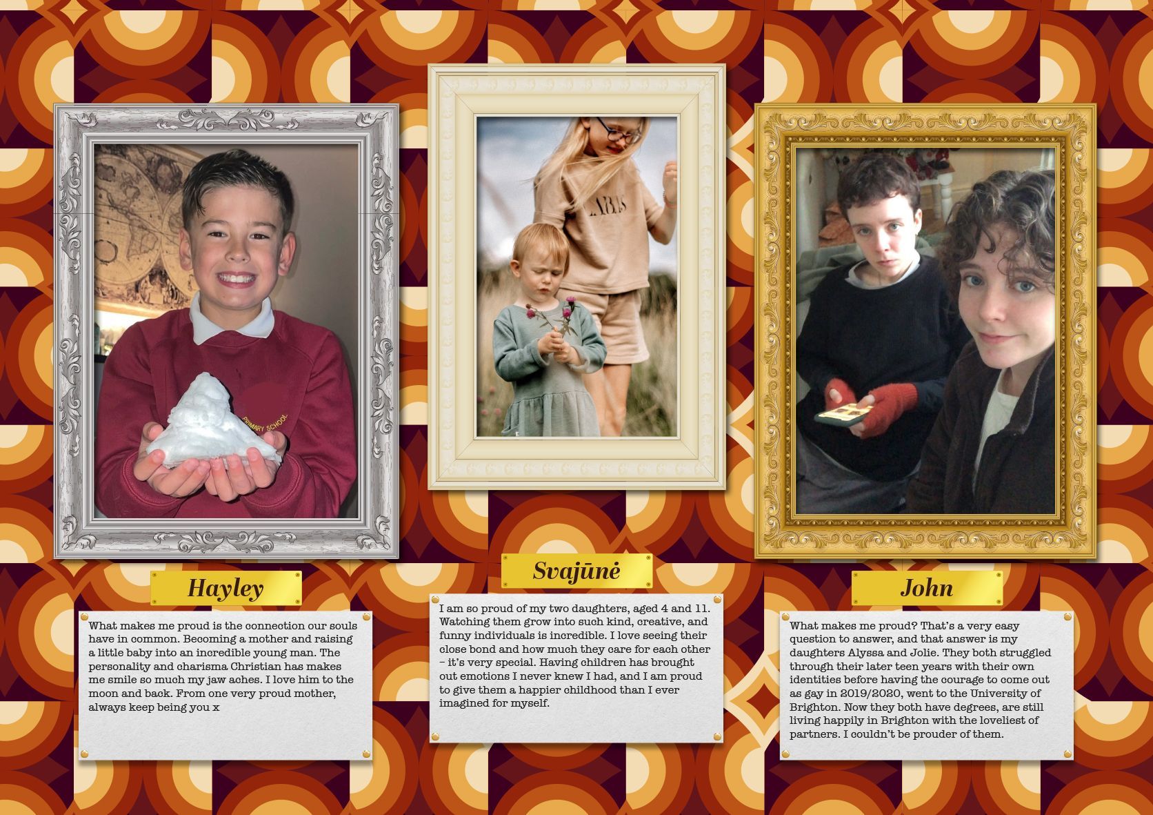 Three framed photos with captions on a patterned background. People in the photos: a boy holding snow, two children, and two adults.