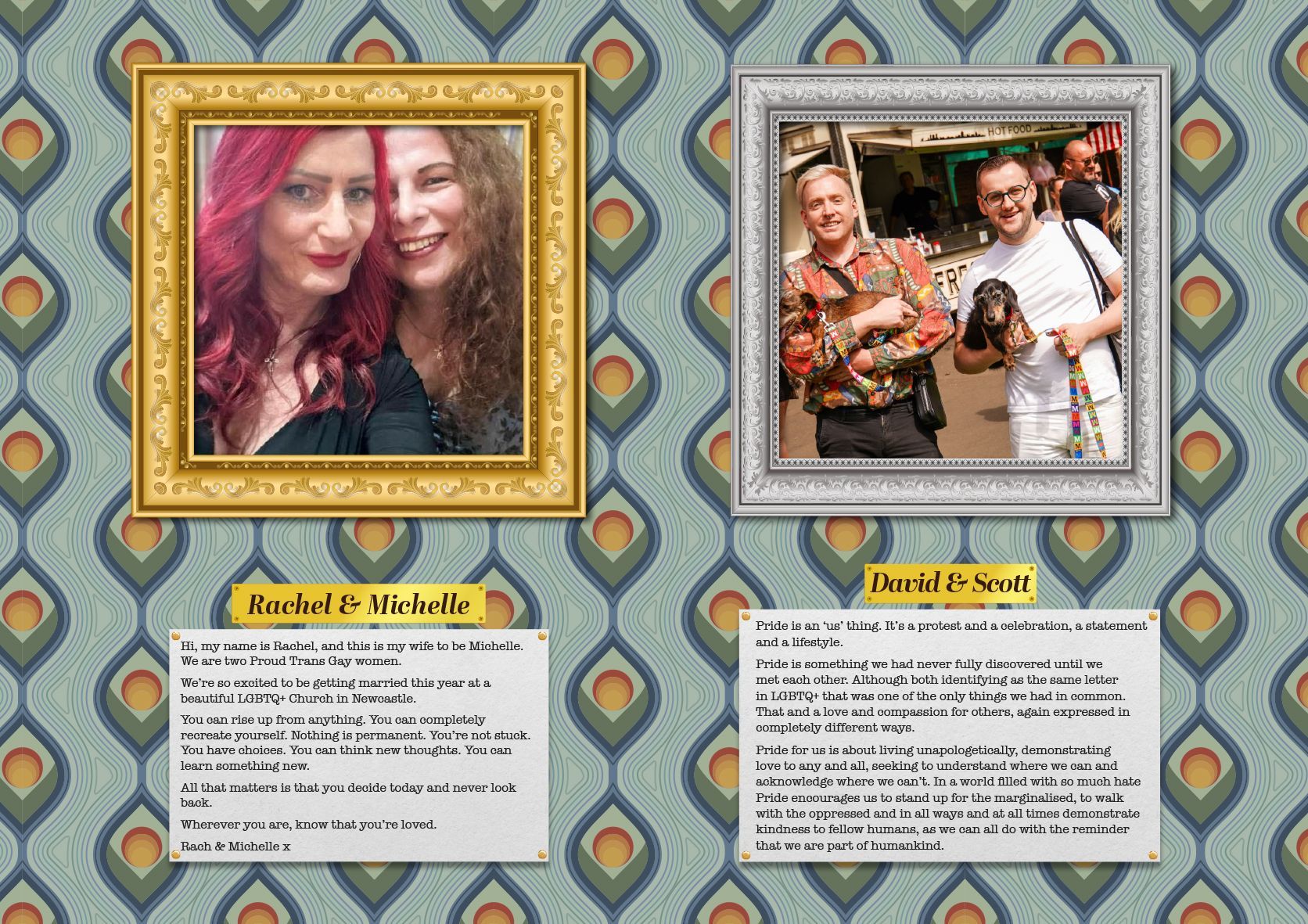 Two framed photos on patterned wallpaper: One of two women, one with red hair; the other of two men, one holding a dog.