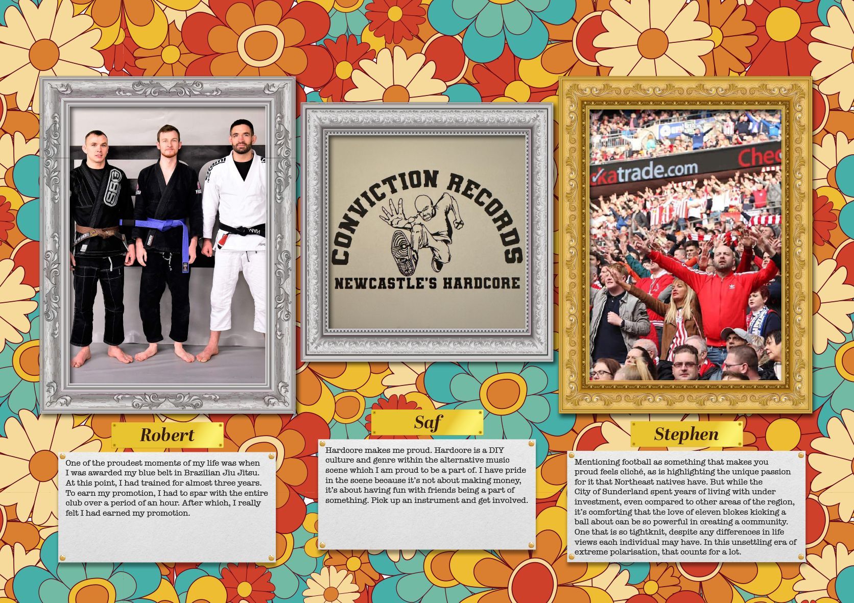 Three framed images on a floral background; men in martial arts uniforms, a record label logo, and a crowd at a sporting event.