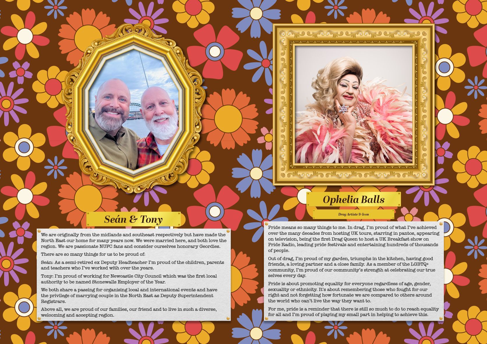 Two framed portraits and text on a floral background; men and a woman, possibly from a show.