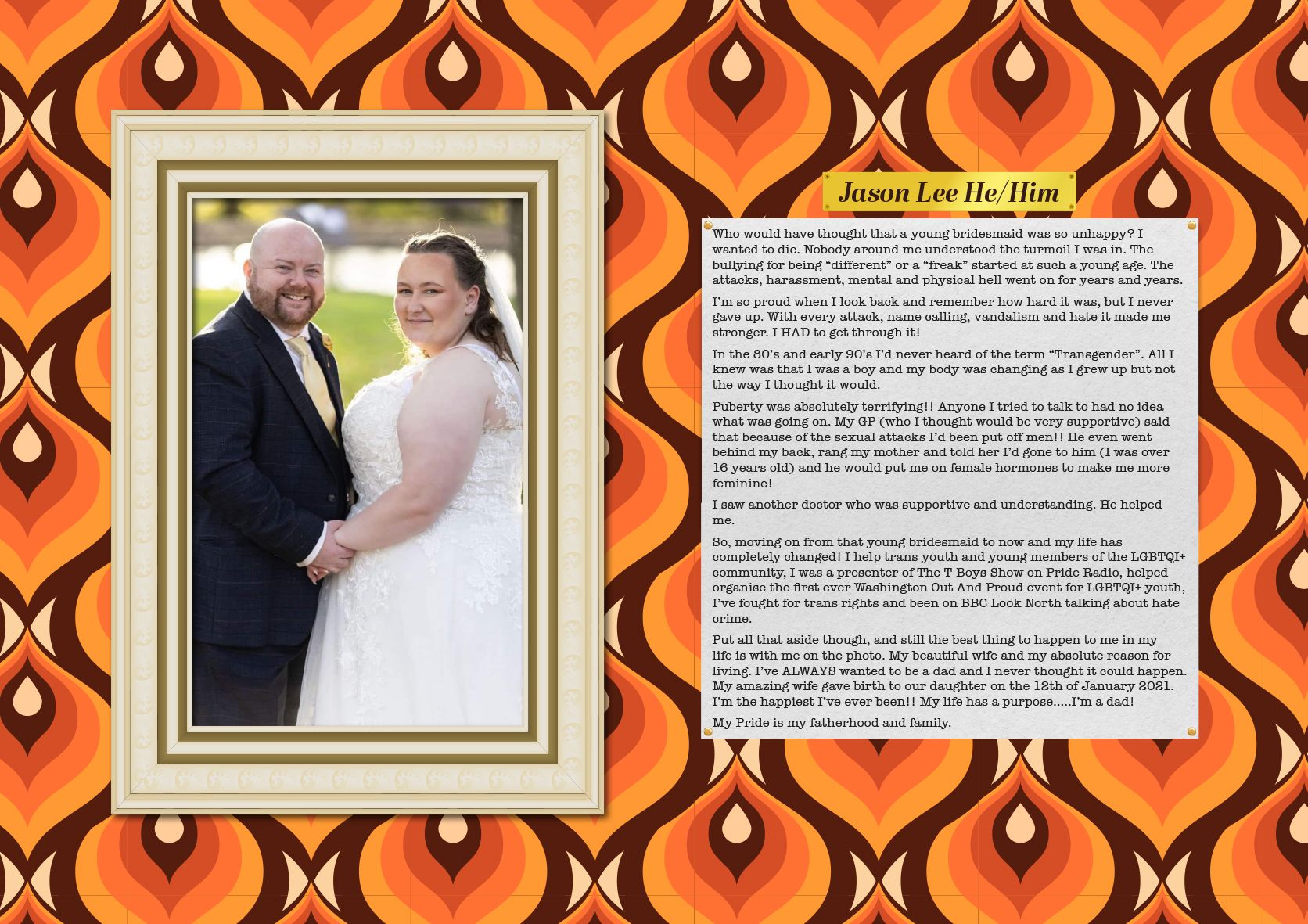 Wedding photo of a couple in a frame, next to text on a retro patterned background.