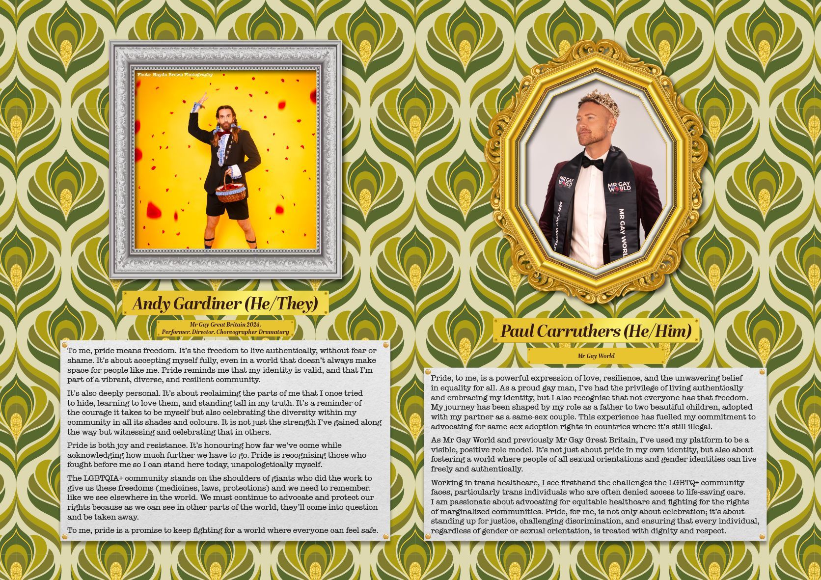 Two framed portraits on patterned wallpaper. One man in a kilt, arms raised. Another man in a suit, smiling.