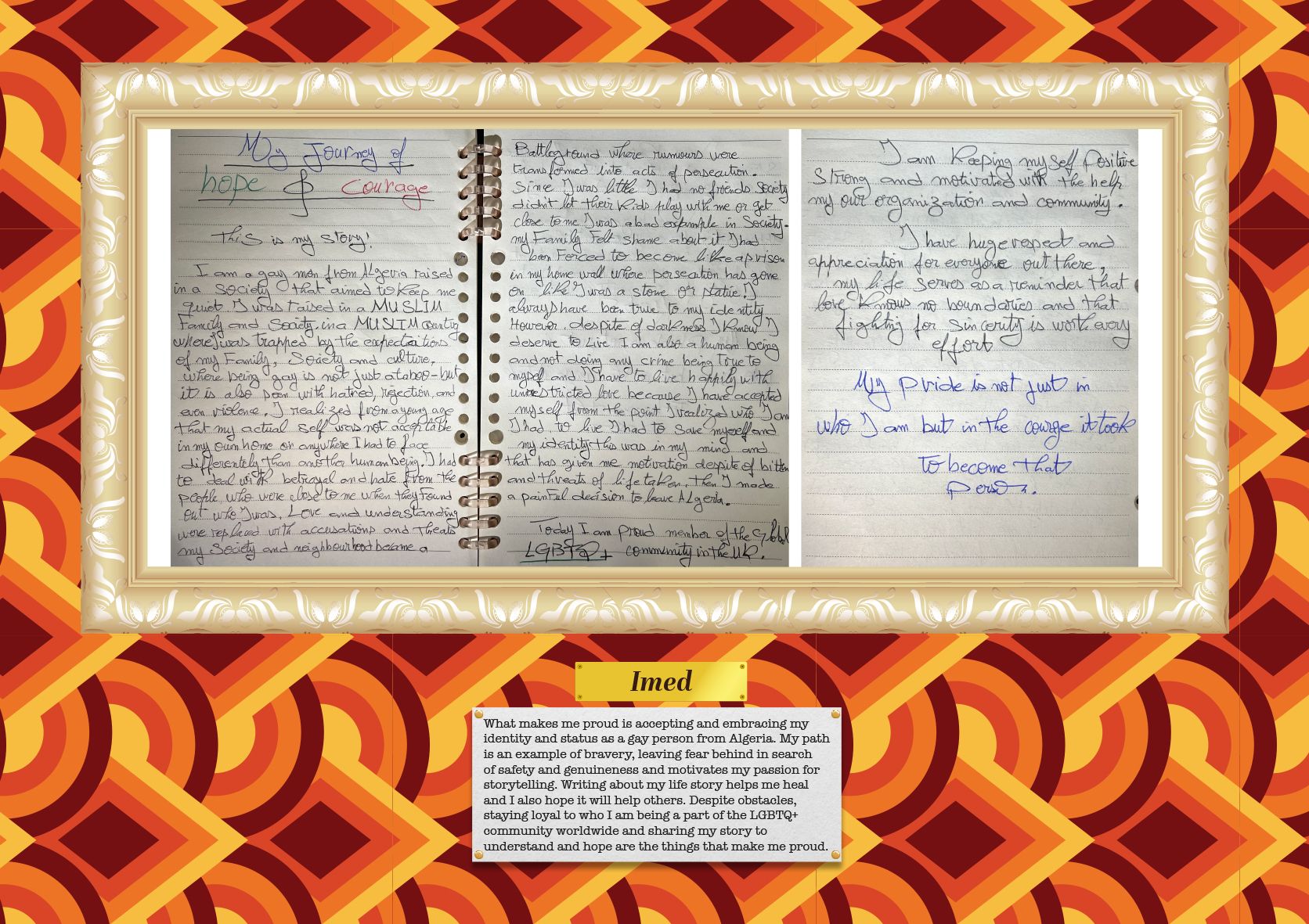 Handwritten notes in a notebook framed on a patterned background; a text block below.
