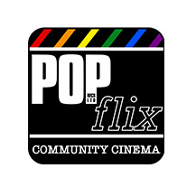 Logo for PopFlix Community Cinema: black film clapboard with rainbow stripe, white text.