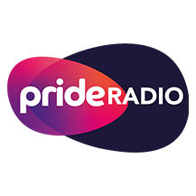 Pride Radio logo with white text over overlapping pink, purple, and blue oval shapes on a dark blue background.