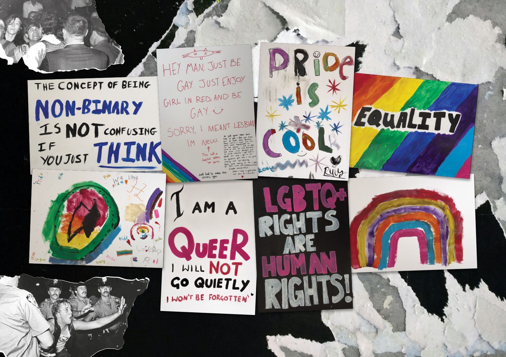 A collage of colorful LGBTQ+ pride signs with messages like 