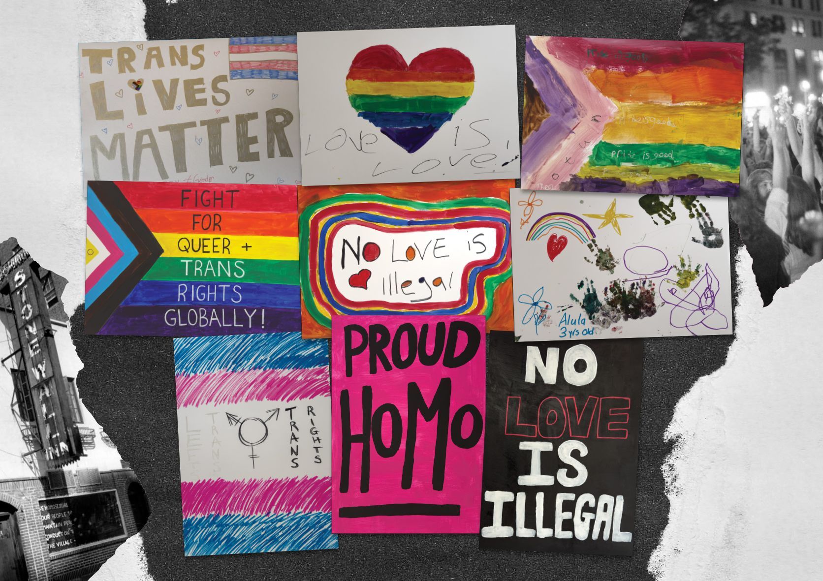 Collection of colorful Pride signs, including 