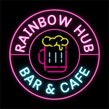Neon sign for Rainbow Hub Bar & Cafe, featuring a pink outline, cyan text, and a beer mug illustration.