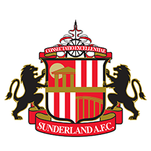 Sunderland A.F.C. crest with red and white stripes, two black lions, and Latin motto.