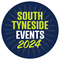 South Tyneside Events 2024 logo: green and white text on a blue circle with starburst design.