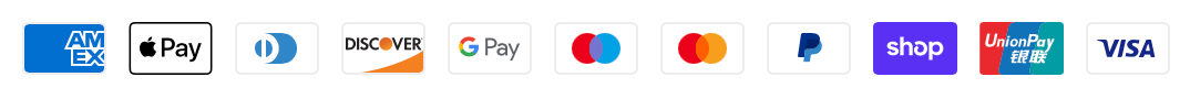 Payment method icons, including Apple Pay, PayPal, Discover, Mastercard, and Visa.