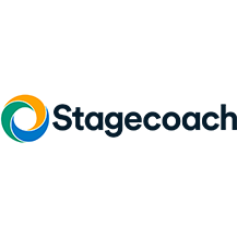Stagecoach logo: circular design with blue, green, and orange elements, dark blue text.