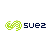 Logo for Suez, a utility company. Green swirl design to the left, blue text