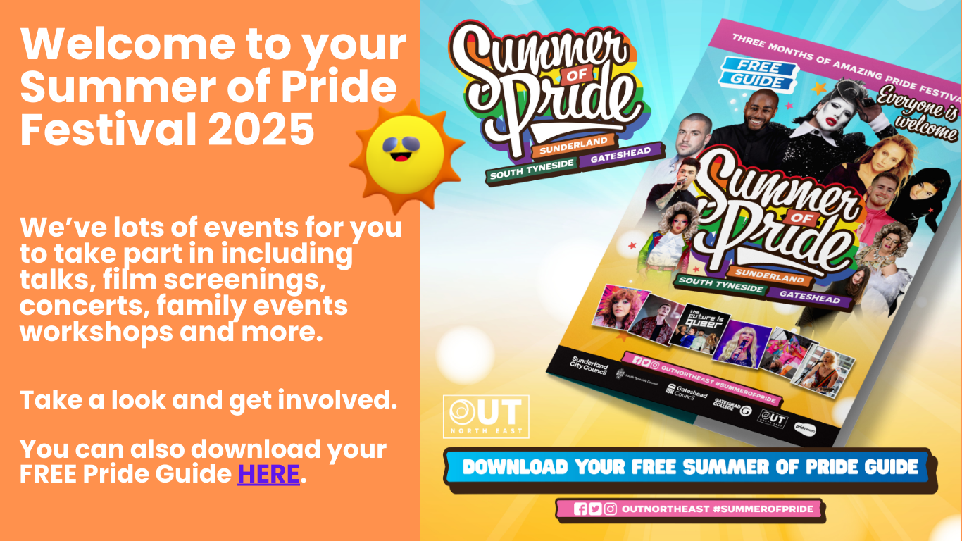 Promotional graphic for Summer of Pride Festival 2025 with sun and a guide download link.