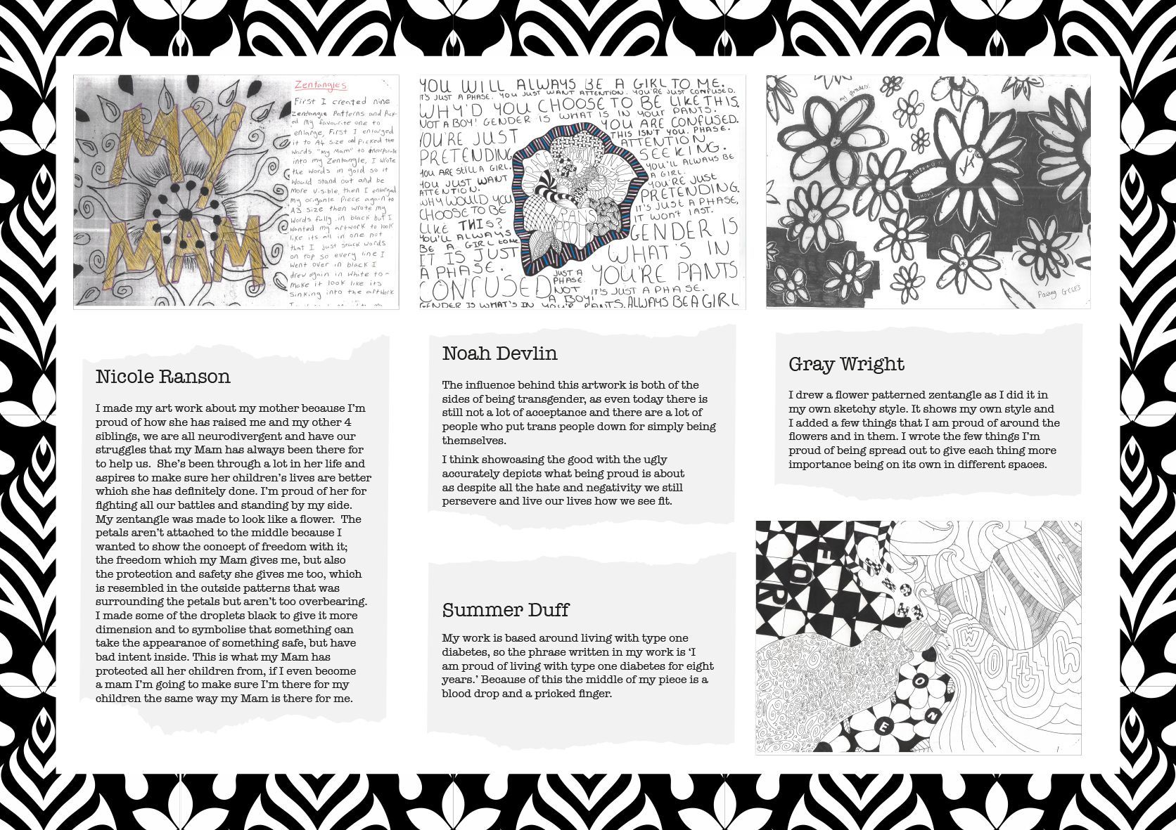 Collage with illustrations and text blocks on torn paper, bordered by black and white patterns.