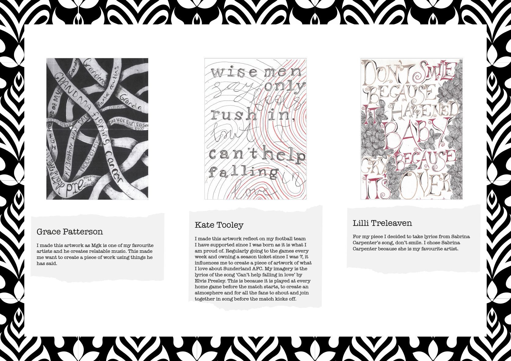 Three art pieces with text, white border, and ornate black and white frame.