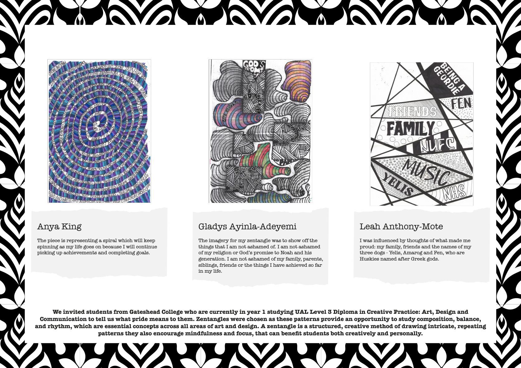 Three art pieces with text, abstract shapes, and a patterned border.