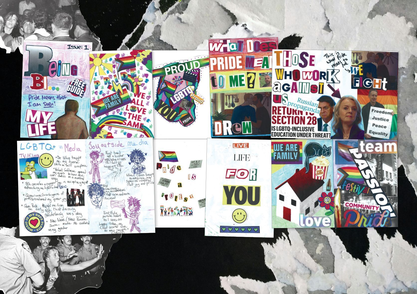 Collage of posters with LGBTQ+ themes, including rainbows, text, and photos. Torn edges, black and white background.