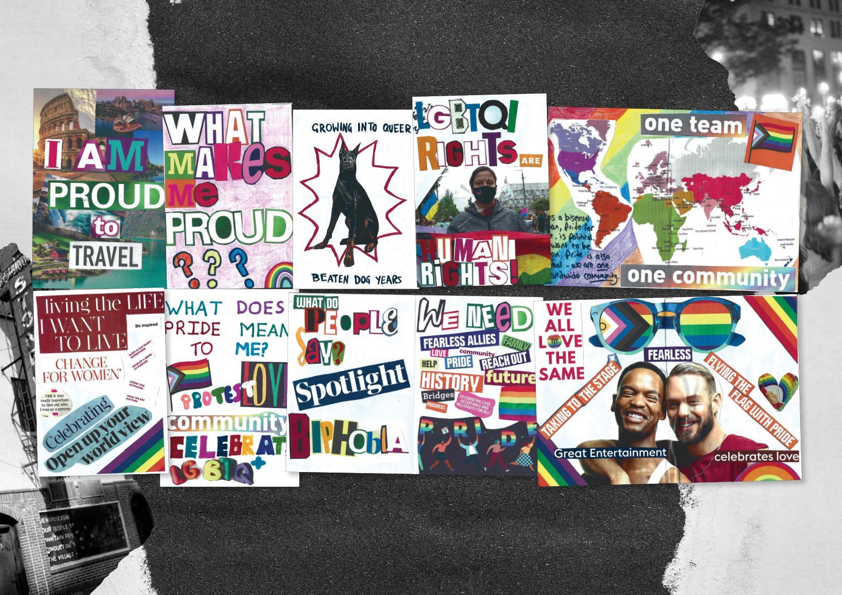 A collection of colorful Pride signs with various slogans and images, celebrating LGBTQ+ community.