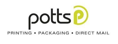 Logo for Potts, a printing, packaging, and direct mail company. The logo includes text and a green letter