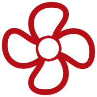 Red four-petal flower or fan-like icon with a circular center on a white background