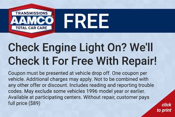 AAMCO Free Check Engine Light On? promotion with blue background and small-print terms.