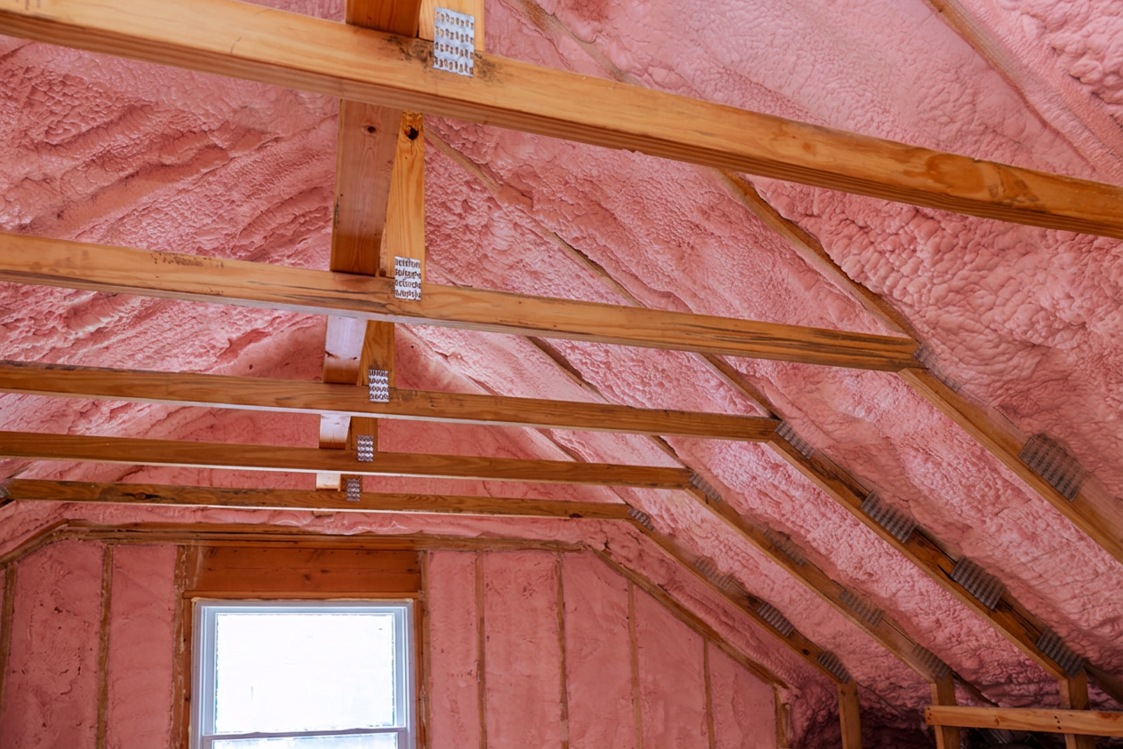 Pink spray-foam insulated attic with exposed wooden rafters and a small window