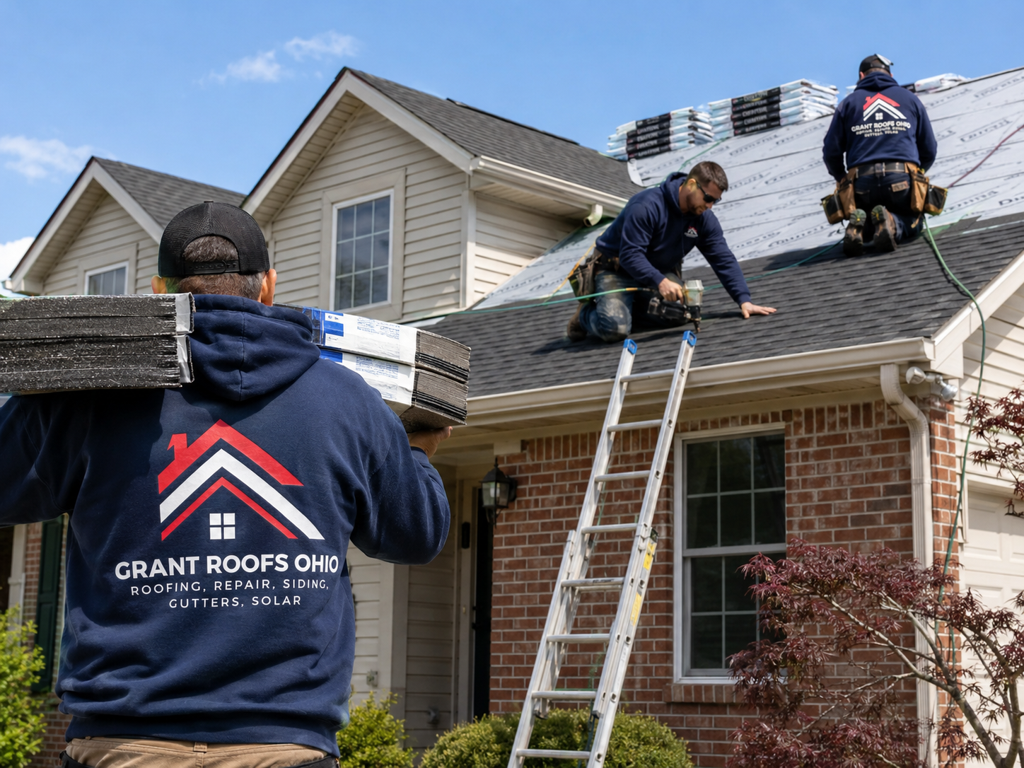 Roofing crew repairing shingles on a house, with one worker on a ladder and another carrying materials.