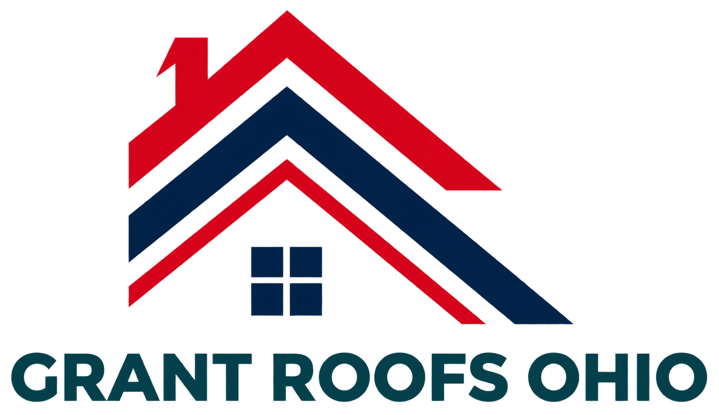 Grant Roofs Ohio logo with red, white, and blue roof icon and text