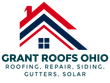 Grant Roofs Ohio logo with red, white, and navy roof lines and text for roofing, repair, siding, gutters, and solar