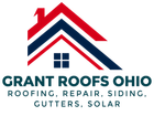 Grant Roofs Ohio logo with red, white, and navy roof lines and text for roofing, repair, siding, gutters, and solar