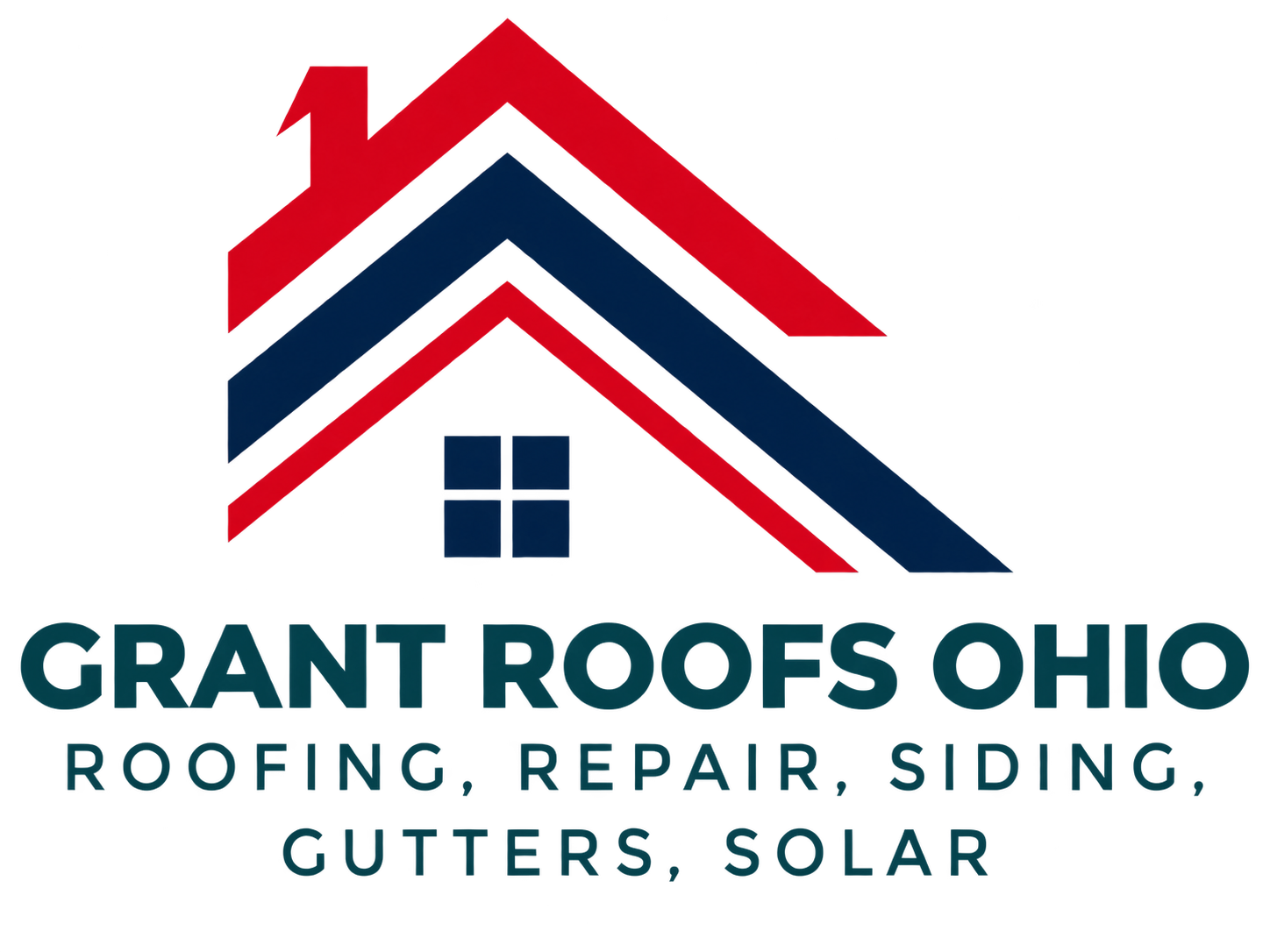 Grant Roofs Ohio logo with red, white, and navy roof lines and text for roofing, repair, siding, gutters, and solar