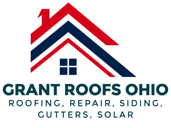 Grant Roofs Ohio logo with red and navy roof lines, blue window icon, and text for roofing, repair, siding, gutters, solar