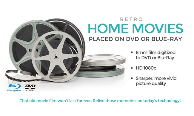 Retro home movies ad with film reels and DVD, promoting DVD or Blu-ray transfer of old 8mm film to HD video.